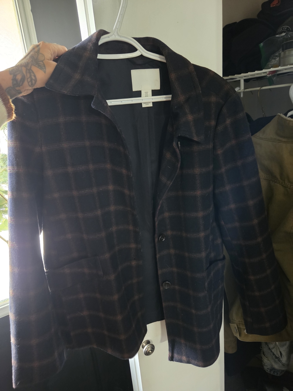 Plaid Wool-Blend Blazer Jacket - Navy/Brown